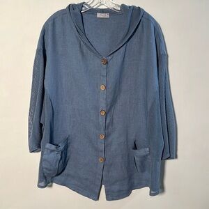 PURE VENICE Linen Mix Media Button 2 Pocket Beach/Cottage Blue Hoodie Jacket XL